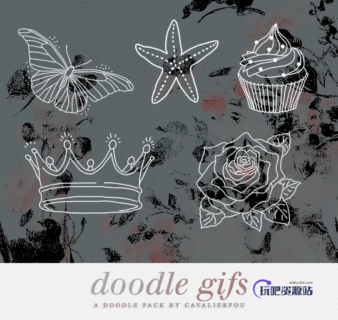 手绘涂鸦蝴蝶、海星、皇冠、玫瑰花PS图像笔刷-玩吧资源站