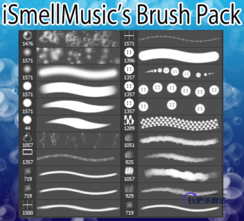 音乐气泡、纽扣、水滴等纹理PS笔刷素材-玩吧资源站