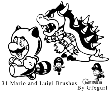 31种超级玛丽卡通涂鸦PS笔刷素材-玩吧资源站