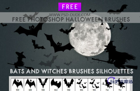 蝙蝠、巫婆等万圣节元素PS笔刷-玩吧资源站