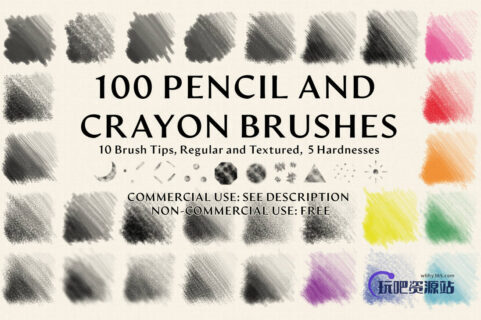 高级铅笔和蜡笔组合PS画笔素材-玩吧资源站