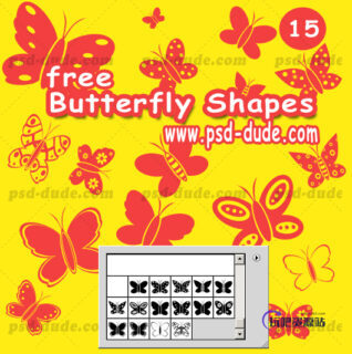 漂亮卡通蝴蝶图形PS笔刷下载(csh格式,自定义形状)-玩吧资源站