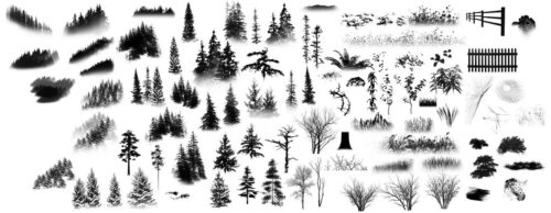 大树、森林、雪松、树叶、山林、野草等植物图形PS笔刷素材-玩吧资源站