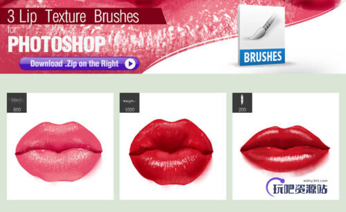 3种性感的嘴唇纹理、唇印效果PS笔刷素材-玩吧资源站