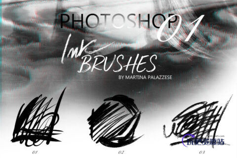 粗水墨痕迹画笔素材PS笔刷-玩吧资源站