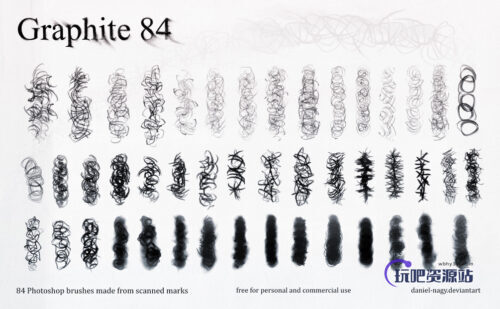 84种石墨涂抹纹理笔触PS笔刷素材-玩吧资源站
