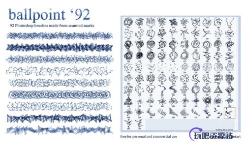 圆珠笔笔触纹理涂鸦PS笔刷素材-玩吧资源站