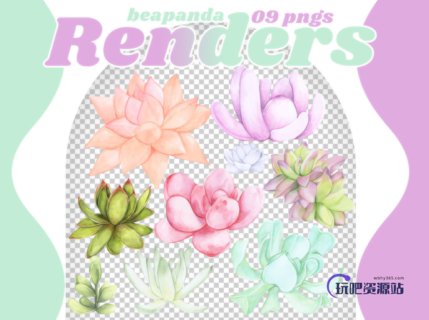 手绘漂亮的宝石花、水彩多肉图形PS笔刷（PNG文件素材）-玩吧资源站