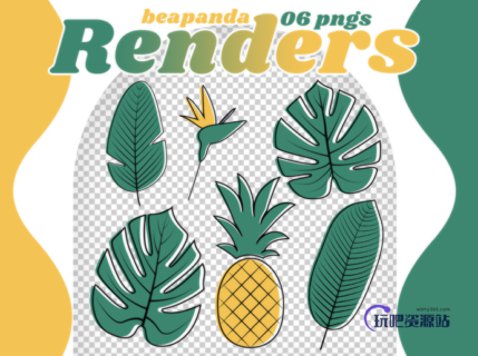 绿色植物叶子、菠萝等卡通形象PS笔刷素材（PNG图片格式）-玩吧资源站