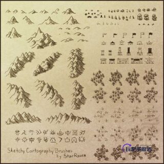 山丘营地、城堡、森林、山丘、旗帜、营寨、防御塔等地图元素PS-玩吧资源站