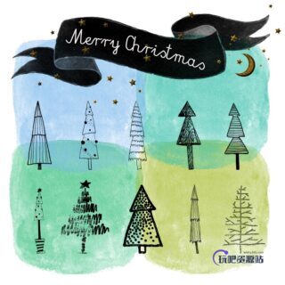 可爱涂鸦手绘圣诞节树木装饰PS笔刷-玩吧资源站