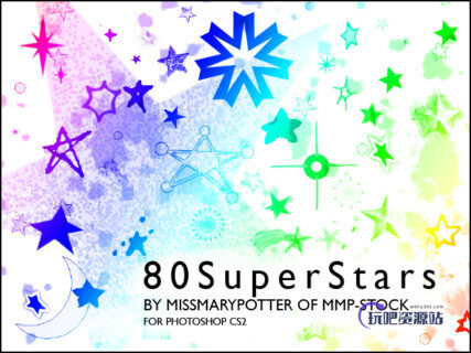 80种星星、五角星、涂鸦星星符号PS笔刷-玩吧资源站