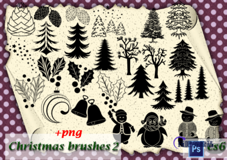 圣诞节圣诞树、坚果、圣诞夜叶子、铃铛等装饰物品PS笔刷下载-玩吧资源站