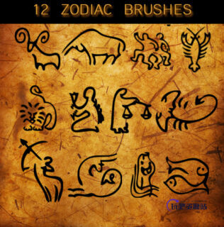 可爱12星座涂鸦图形Photoshop笔刷素材-玩吧资源站