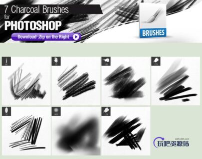 7种碳素笔、铅笔笔触Photoshop笔刷素材-玩吧资源站