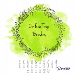 26种手绘式枝条、绿叶六条、小树挑图案PS笔刷下载-玩吧资源站