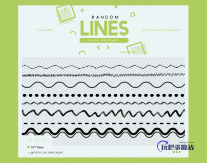 手绘波浪线、折线、点划线图案PS笔刷素材-玩吧资源站
