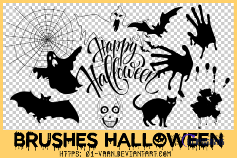 万圣节鬼怪、蝙蝠、幽灵、黑猫、血手印PS笔刷素材-玩吧资源站