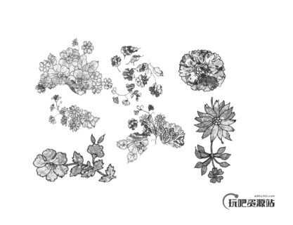 花式鲜花印花图案PS笔刷下载-玩吧资源站