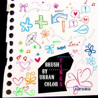 童趣幼稚的涂鸦笔记、爱心、鲜花、蝴蝶、标记等PS笔刷下载-玩吧资源站