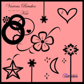 星星、鲜花、月亮、爱心图案装饰PS笔刷下载-玩吧资源站