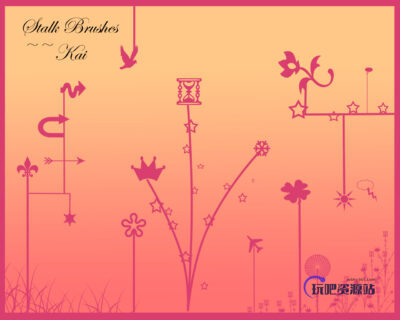 可爱卡通梦幻花鸟、沙漏、星星等图案PS背景笔刷-玩吧资源站