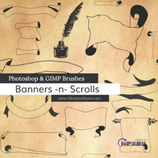 欧式羊皮纸、卷纸、横幅等效果PS笔刷下载-玩吧资源站