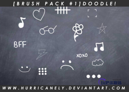 可爱手绘小爱心、眼镜、鲜花、音符、云朵等图案PS笔刷素材下载-玩吧资源站