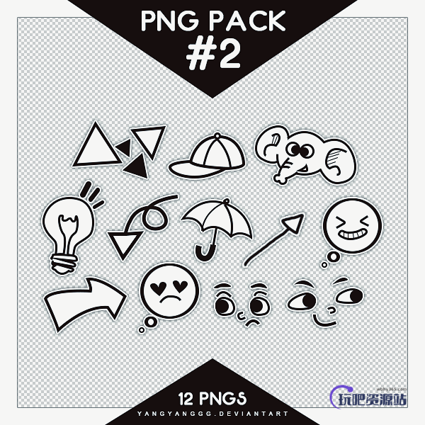 卡通式灯泡、帽子、大象表情等图形PS笔刷（PNG透明格式）