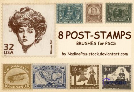 8张欧美老旧邮票素材PS笔刷下载-玩吧资源站