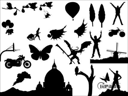 卡通形象、恶魔魔王、热气球、小树、摩托车、蝴蝶、风车等PS自定义形状素材-玩吧资源站
