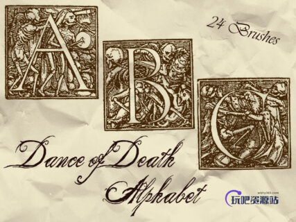 24个复古魔鬼式英文字母图章PS笔刷素材-玩吧资源站