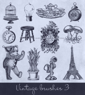 复古欧美生活元素鸟笼、电灯泡、餐盘组、闹钟、凳子、玩具熊、巴黎塔等PS笔刷素材-玩吧资源站