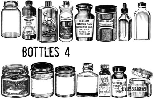 各种欧美复古式药瓶、酒瓶等PS笔刷素材下载-玩吧资源站