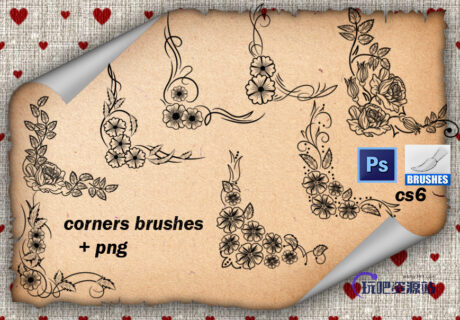 鲜花印花边角图案Photoshop笔刷素材-玩吧资源站