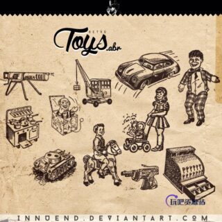 复古式欧美手绘卡通图案PS笔刷-玩吧资源站