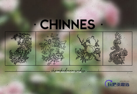 古典式中国印花图案PS笔刷素材-玩吧资源站