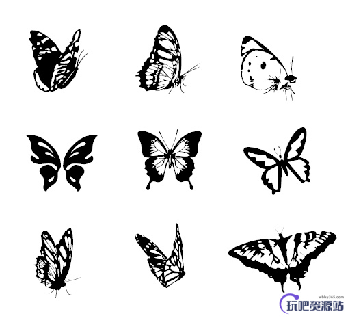 蝴蝶图形、版刻式蝴蝶花纹PS笔刷