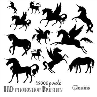 天马、独角兽等剪影图像Photoshop笔刷下载-玩吧资源站