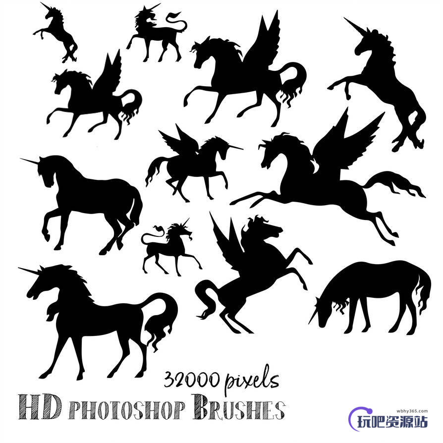 天马、独角兽等剪影图像Photoshop笔刷下载