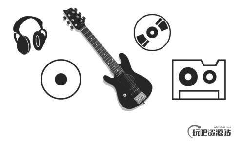 唱片、CD碟片、磁带、耳麦、吉他等图形PS音乐笔刷下载-玩吧资源站