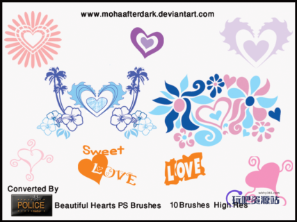 美丽爱心、心形图案艺术花纹Photoshop笔刷下载-玩吧资源站