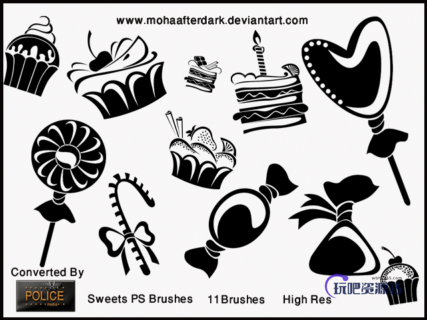 矢量风格的蛋糕、棒棒糖、糖果、纸杯蛋糕等图形Photoshop笔刷下载-玩吧资源站