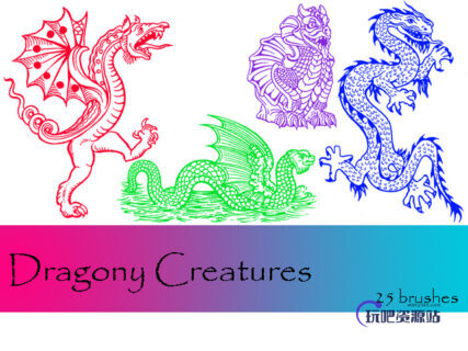 西方恶龙、魔龙、蛇龙PS印花图案笔刷下载-玩吧资源站