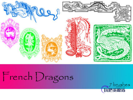 恶龙徽章、魔龙标志、西方魔龙图案PS素材笔刷-玩吧资源站