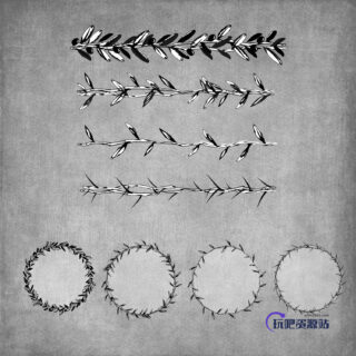 荆棘、树叶、小叶片花环图案PS笔刷下载-玩吧资源站