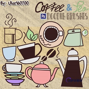 卡通咖啡杯、咖啡壶、茶杯、茶壶、茶包等PS笔刷下载