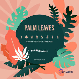 热带雨林树叶、叶片、叶子植物剪影图形PS笔刷下载-玩吧资源站