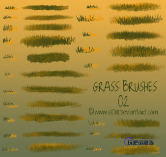 免费CG插画风格的野草、青草、草丛笔触Photoshop笔刷素材下载-玩吧资源站