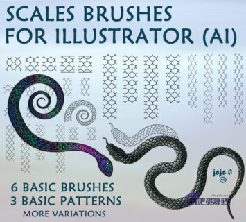 智能蛇鳞、鳞片纹理效果、鳞甲纹理花纹图案 Illustrator笔刷素材-玩吧资源站